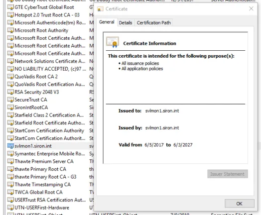 Certificate details window displaying an imported root certificate in the Trusted Root Certification Authorities store.
