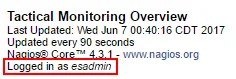 Nagios monitoring dashboard showing a user successfully authenticated through Active Directory integration.