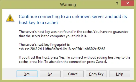 WinSCP security warning prompting the user to verify and trust an unknown host key.