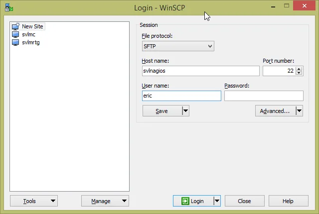 WinSCP login window configured for an SFTP connection to a Linux server.