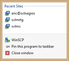 Windows taskbar jump list showing recent WinSCP connections and saved sessions.