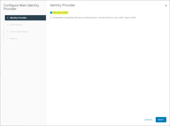 Choose the Microsoft ADFS option