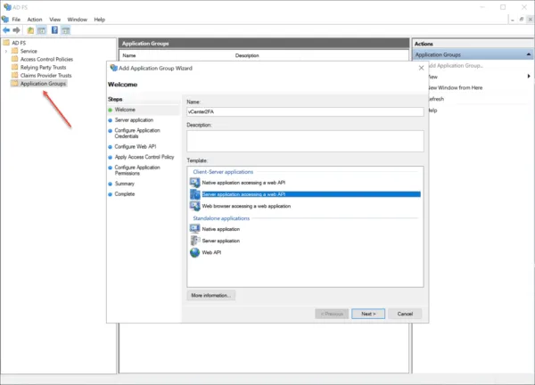 Creating a new application group in ADFS