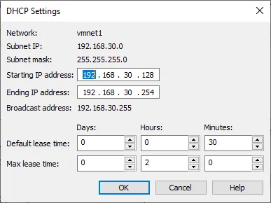 Customizing the virtual network DHCP settings in VMware Workstation