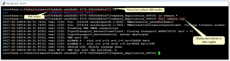 Displaying the contents of a VM’s log file on ESXi