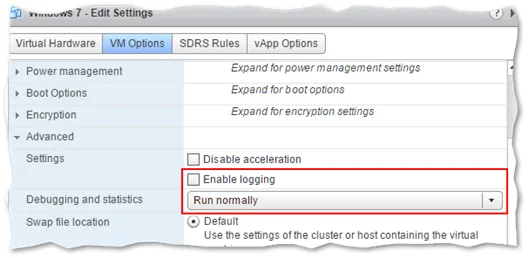 Enabling logging for a VM in vSphere Web client