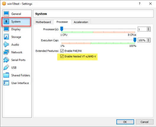 Enabling nested virtualization on a Windows 10 VM running in VirtualBox