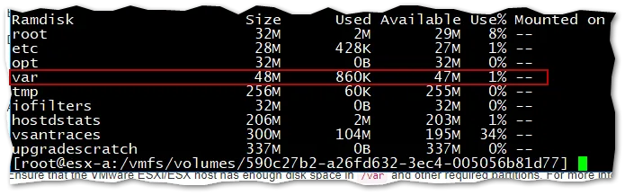 Making sure /var has free disk space using the vdf -h command