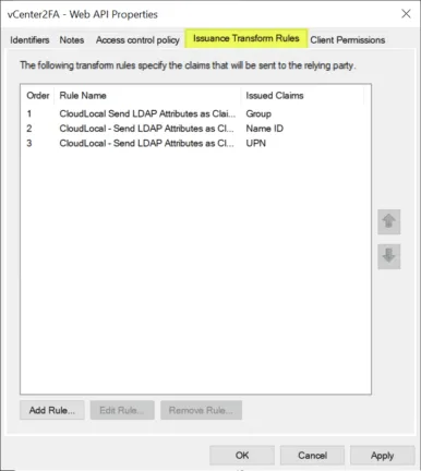 New ADFS Web API properties for vCenter 2FA