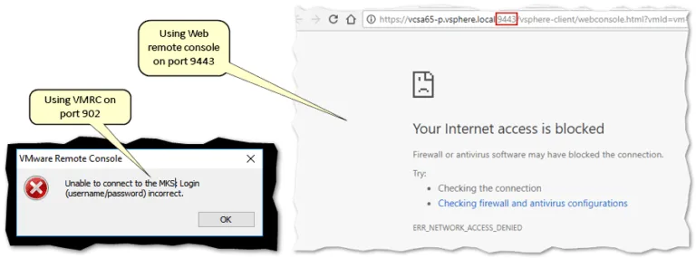 Remote console connection errors due to a firewall blocking ports 902 and 9443