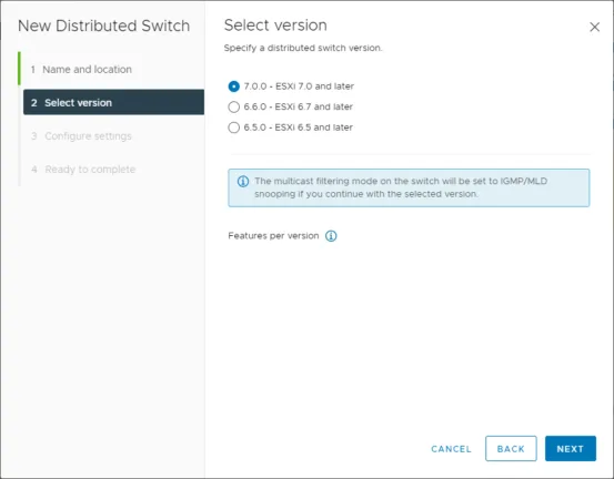 Selecting the version of the vSphere Distributed Switch