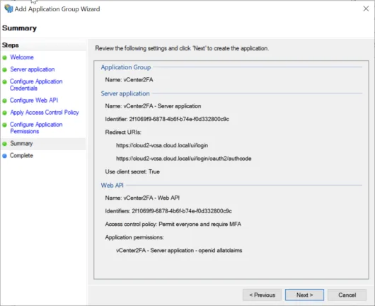 Summary for creating the new application group