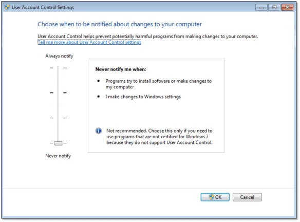 Figure 6 – UAC settings on Windows 7