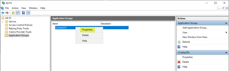 Viewing the properties of the ADFS application group