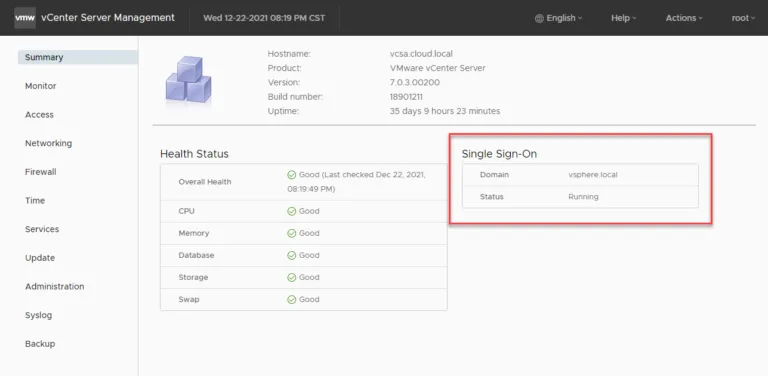 Viewing the vCenter Server Single Sign-On domain in the VAMI interface