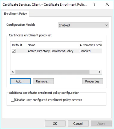 Certificate Services Client Enrollment Policy settings showing Active Directory Enrollment Policy enabled.