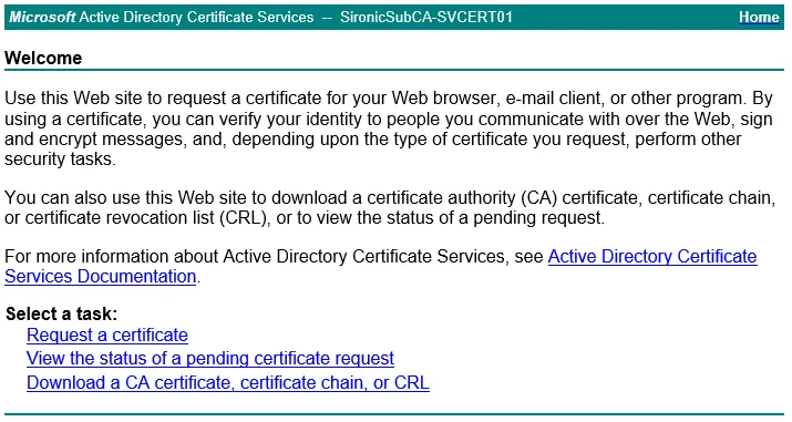 Active Directory Certificate Services web enrollment page displaying certificate request options.