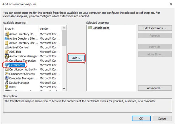 Add or Remove Snap-ins dialog with the Certificates snap-in selected.