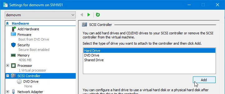 Hyper-V virtual machine settings showing the option to add a virtual hard disk to the SCSI controller.