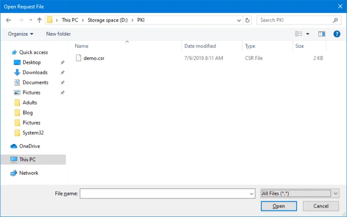 Certificate request wizard browsing for an existing certificate signing request (CSR) file.