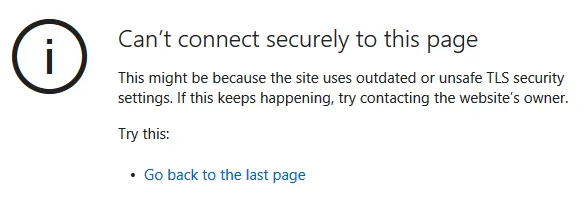 Web browser displaying a TLS security warning indicating that a secure connection could not be established.