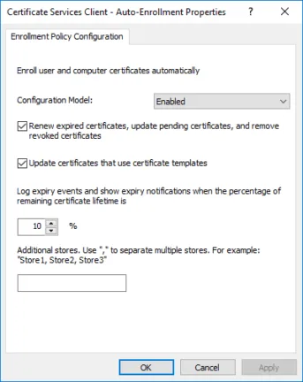 Certificate Services Client Auto-Enrollment Properties configured to automatically enroll and renew certificates.