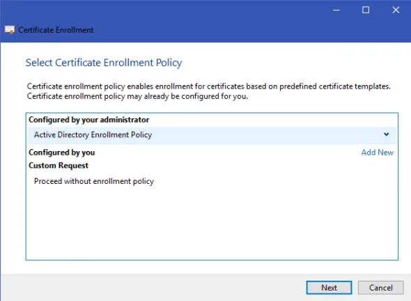 Certificate Enrollment wizard displaying the option to proceed with a custom certificate request.
