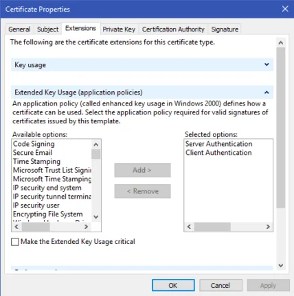 Certificate Properties dialog showing Extended Key Usage settings for server and client authentication.