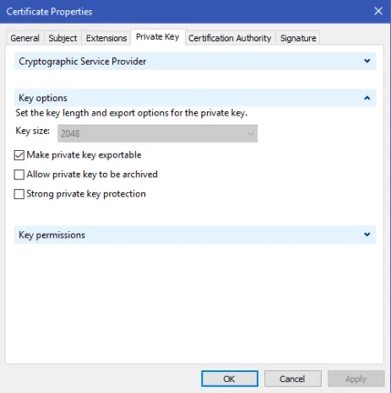 Certificate Properties dialog displaying private key options, including exportability and key protection settings.