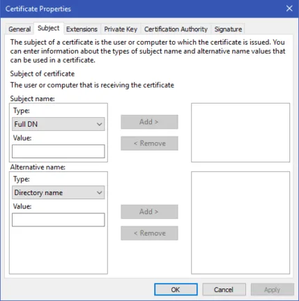 Certificate Properties dialog showing the Subject tab for configuring subject and alternative name fields.
