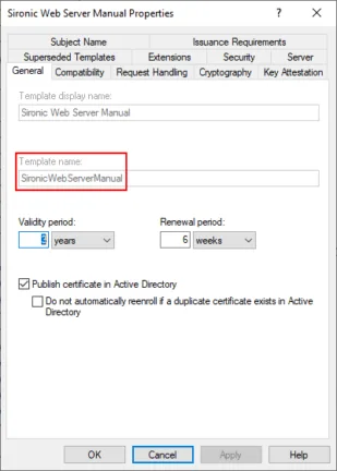 Certificate template properties showing the template name, validity period, and renewal settings.