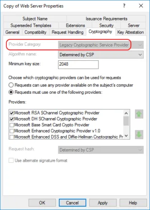 Certificate template Cryptography settings showing the Legacy Cryptographic Service Provider configuration.