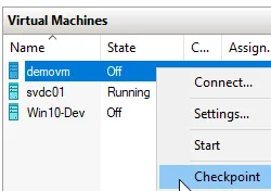 Hyper-V Manager context menu showing the Checkpoint option for creating a new virtual machine checkpoint.