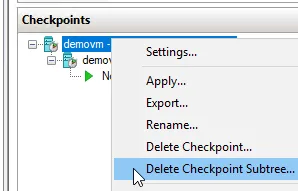 Hyper-V Manager context menu showing the Delete Checkpoint Subtree option.