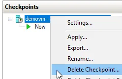 Hyper-V Manager context menu showing the Delete Checkpoint option for a virtual machine checkpoint.