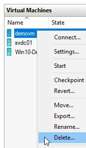 Hyper-V Manager context menu showing the Delete option for a virtual machine.