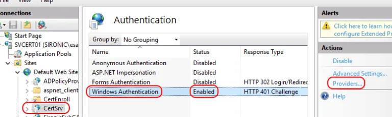 IIS Authentication settings with Windows Authentication enabled for the Certificate Services website.