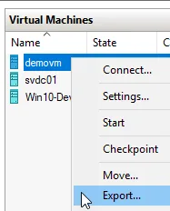 Hyper-V Manager context menu displaying the Export option for a virtual machine.