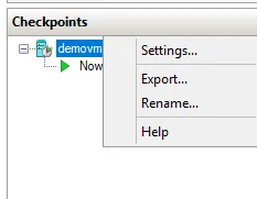 Hyper-V Manager checkpoint context menu showing a checkpoint where the Delete option is unavailable.