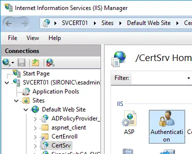 IIS Manager displaying the Authentication feature for the CertSrv virtual directory.