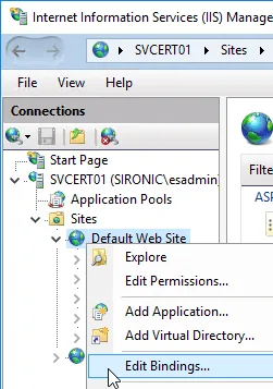IIS Manager context menu showing the Edit Bindings option for a website.