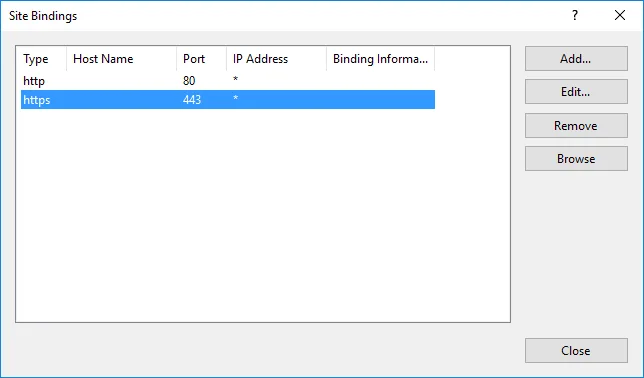 IIS Site Bindings dialog listing HTTP and HTTPS bindings for a website.