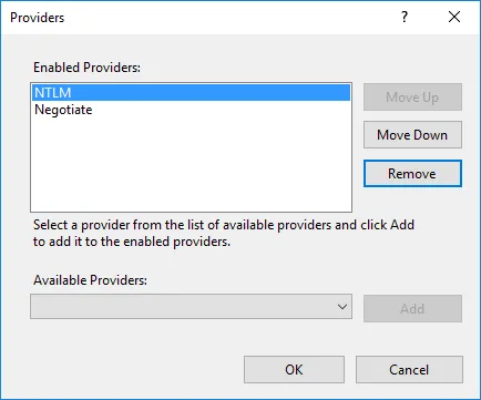 IIS Windows Authentication Providers dialog showing NTLM and Negotiate authentication providers.