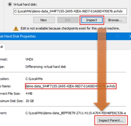 Hyper-V Virtual Hard Disk Properties dialog displaying the Inspect Parent option for an AVHDX file.