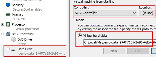 Hyper-V virtual machine settings showing the location of an AVHDX differencing disk.
