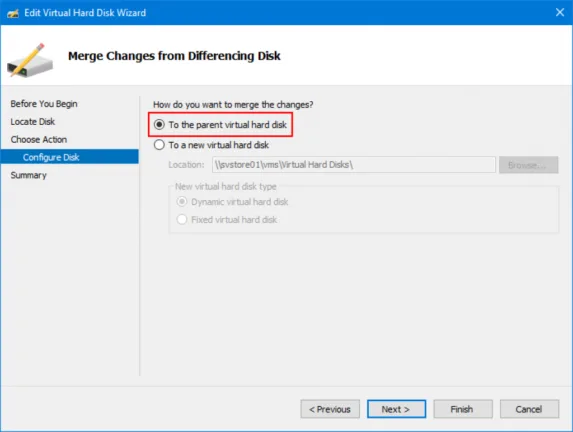 Edit Virtual Hard Disk Wizard configured to merge an AVHDX differencing disk into its parent virtual hard disk.