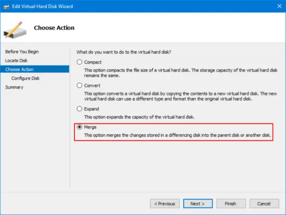 Edit Virtual Hard Disk Wizard with the Merge action selected for a differencing disk.