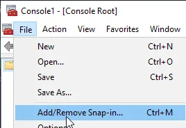 Microsoft Management Console File menu with Add/Remove Snap-in selected.
