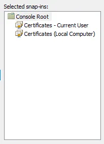 Microsoft Management Console displaying both Current User and Local Computer certificate stores.