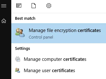 Windows Start menu search results showing the Manage computer certificates option.